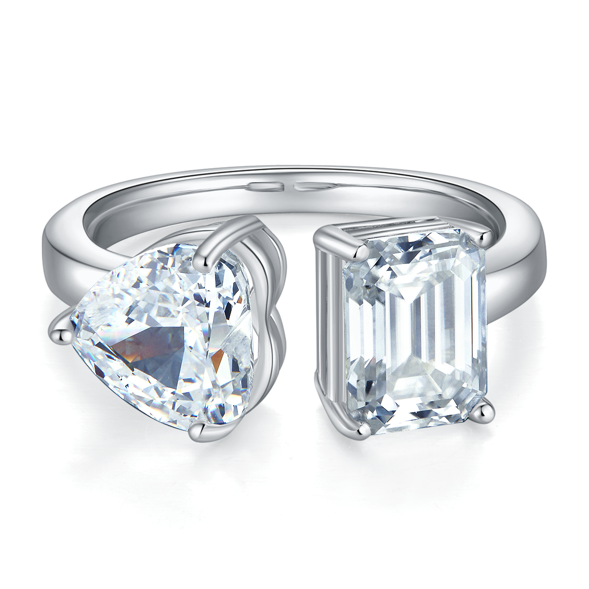 Heart Ice Flower Cut AND Rectangular Moissanite 925 Silver Plated Platinum Women's Ring 2 Carat D-Class